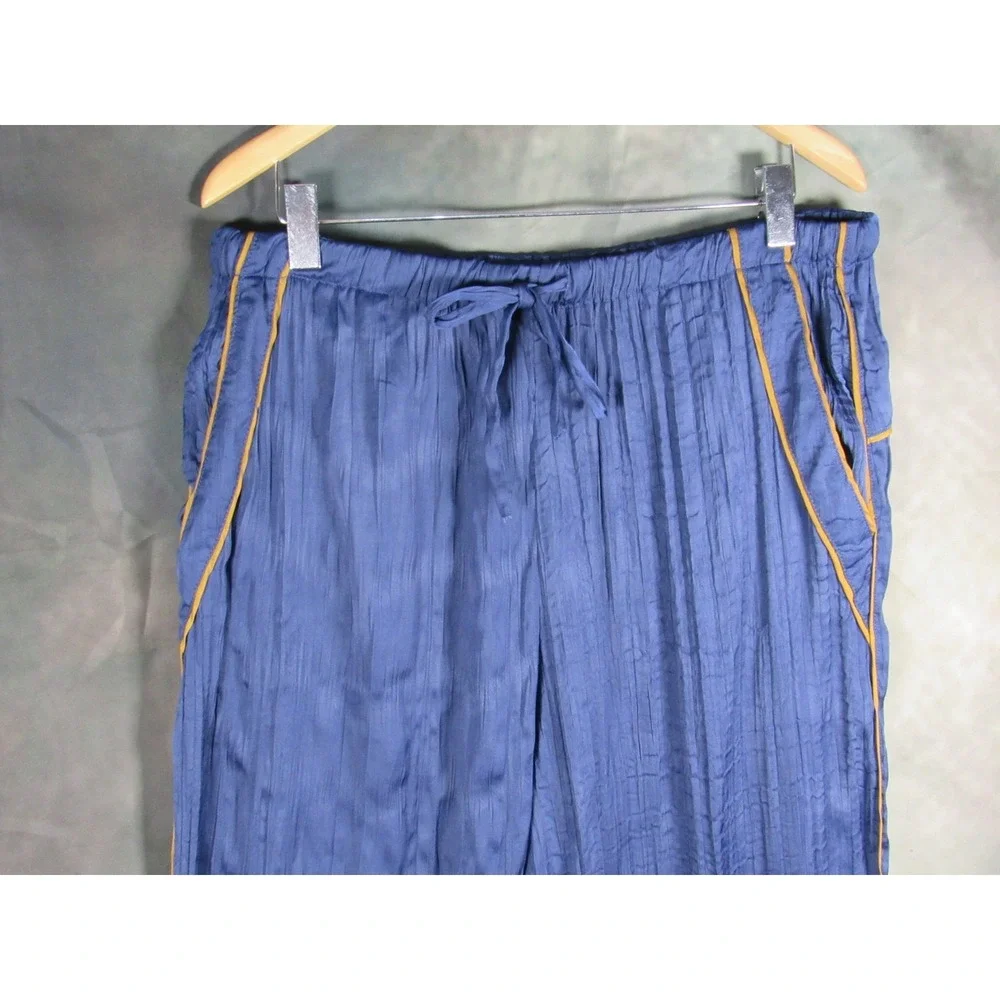 Free People Navy Blue Crinkle Wide Leg Pants Gold Piping XL